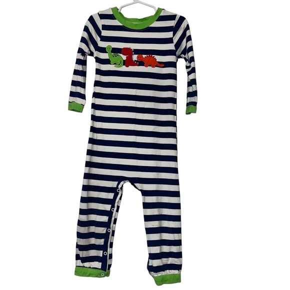 Smocked Polkadot Striped Blue white Green dinosaur appliquéd romper sz 3 *play* - Picture 1 of 5